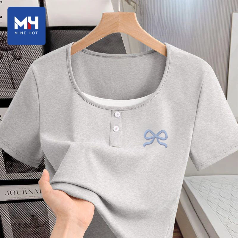 唐狮集团MH2025假两件短袖女t恤新款夏季奶杏亨利衫正肩短款上衣L