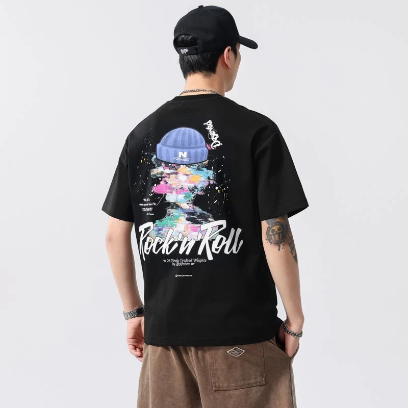 印花落肩袖短袖纯色刺绣圆领T恤运动情侣休闲潮流微宽松上衣