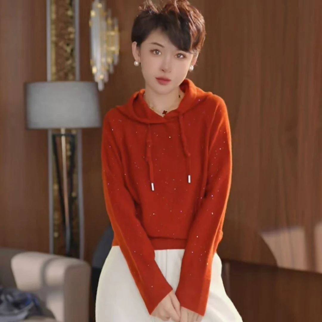 MINGGANG/名港【七彩树】秋冬百搭加厚连帽珠片插肩袖针织衫 MG7339