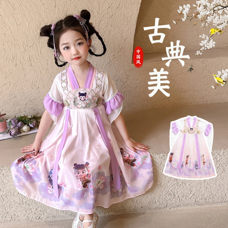 2025夏季新款女小童中国风卡通印花汉服裙女宝宝时尚短袖连衣裙