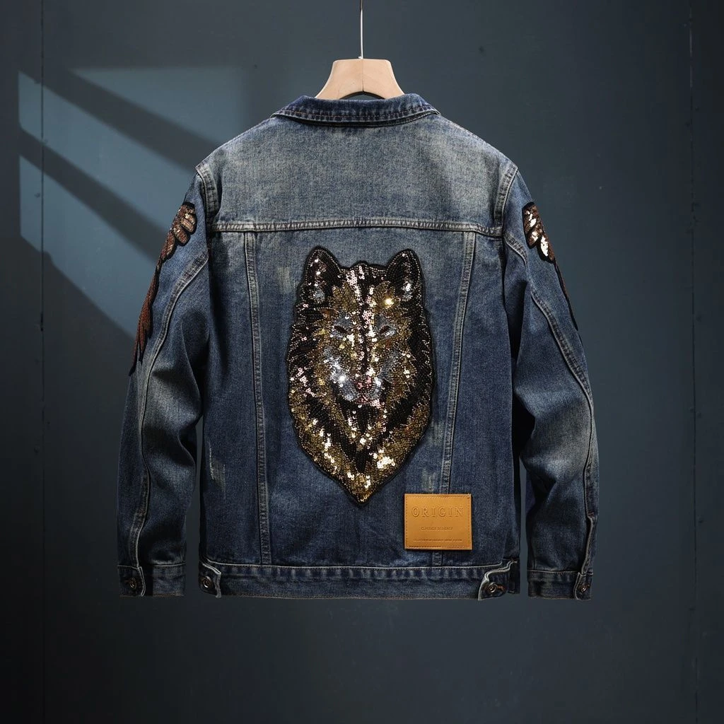 路约威格欧洲站亮片牛仔外套男款春秋高端潮新款秋款翻领休闲夹克