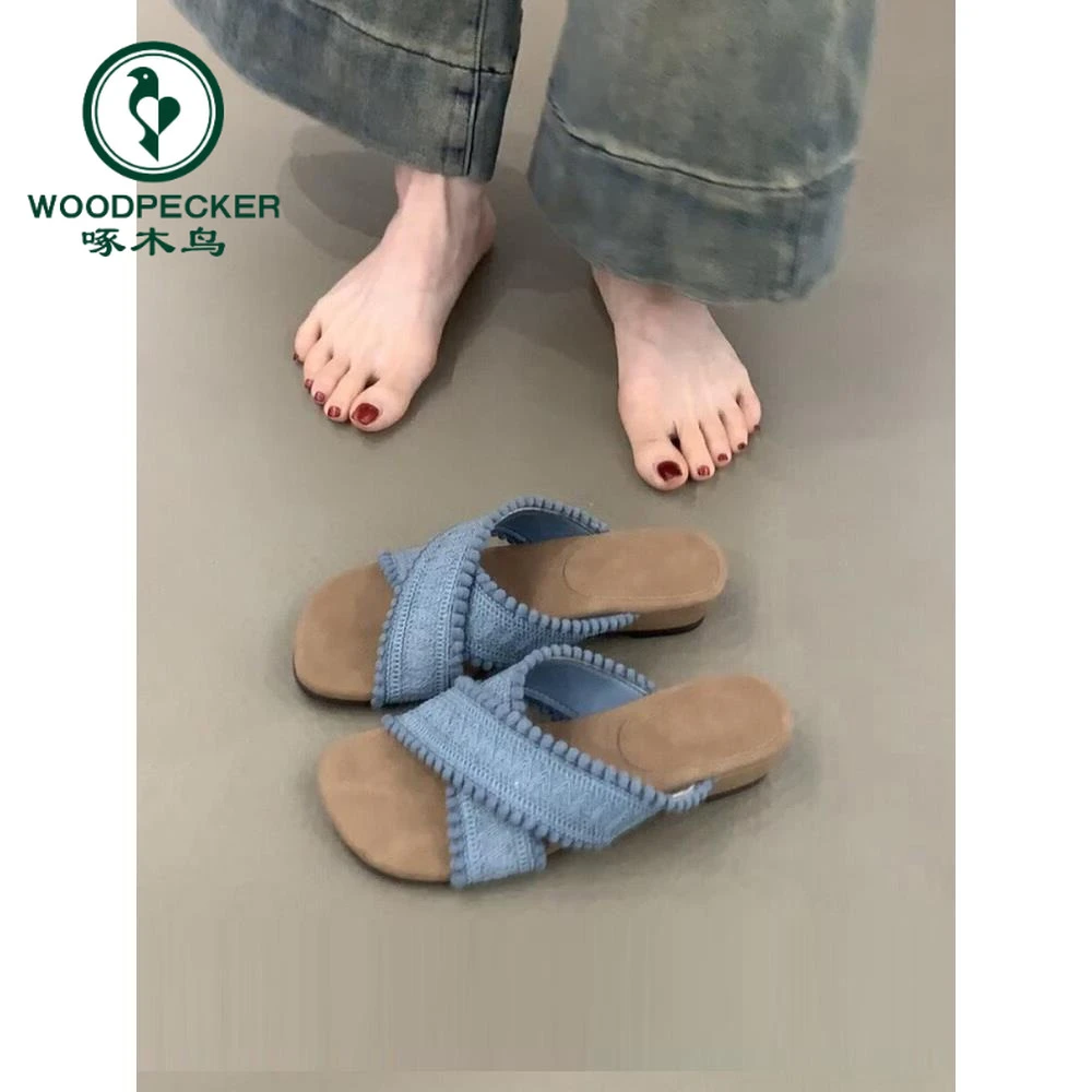 啄木鸟厚底坡跟编织交叉带罗马拖鞋外穿波西米亚度假沙滩凉拖鞋子