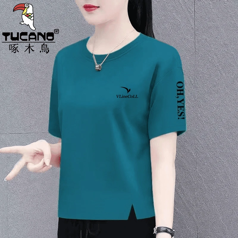 啄木鸟纯棉韩系短袖T恤女夏季宽松显瘦气质百搭简约圆领体恤上衣