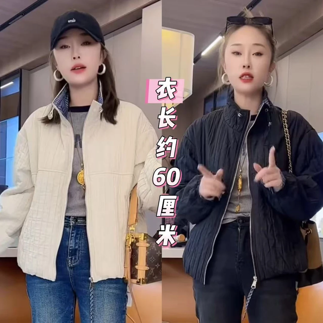 881立领拼格洋气拉链百搭夹棉外套