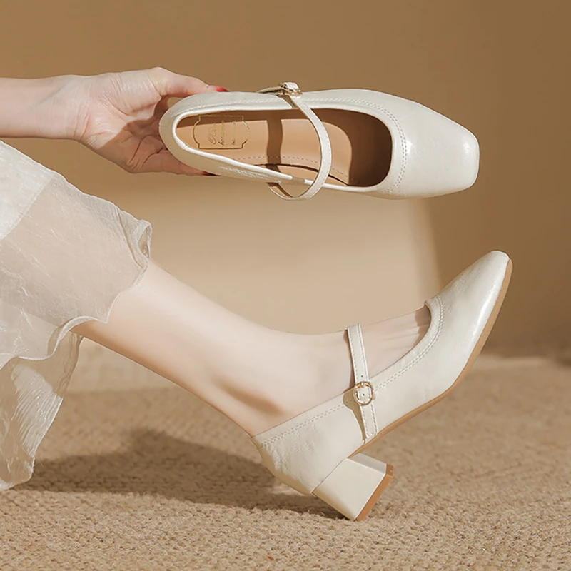 超软~真皮仙女风玛丽珍鞋法式单鞋旗袍鞋一字扣皮鞋裸色高跟女鞋