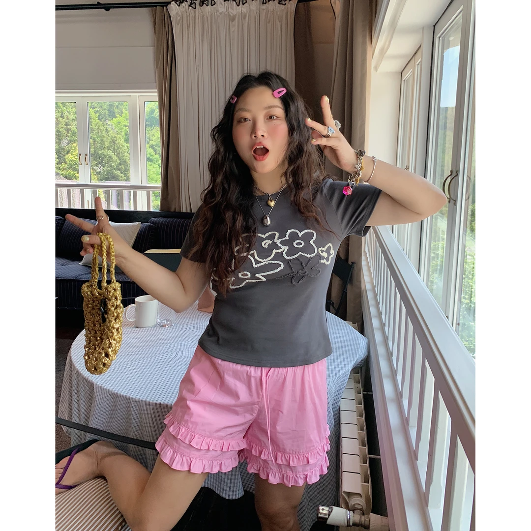 Dazi金大支刺绣花朵灰色短袖T恤女上衣0529/0229胖mm修身显瘦灰色