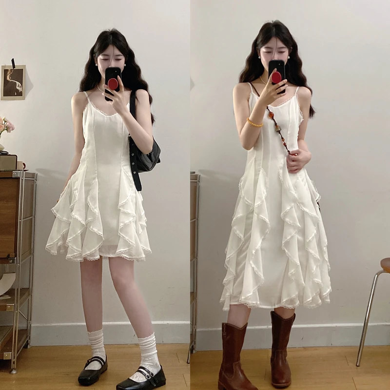 大码女装春夏蕾丝边V领设计感不规则荷叶边吊带内搭外穿连衣裙仙