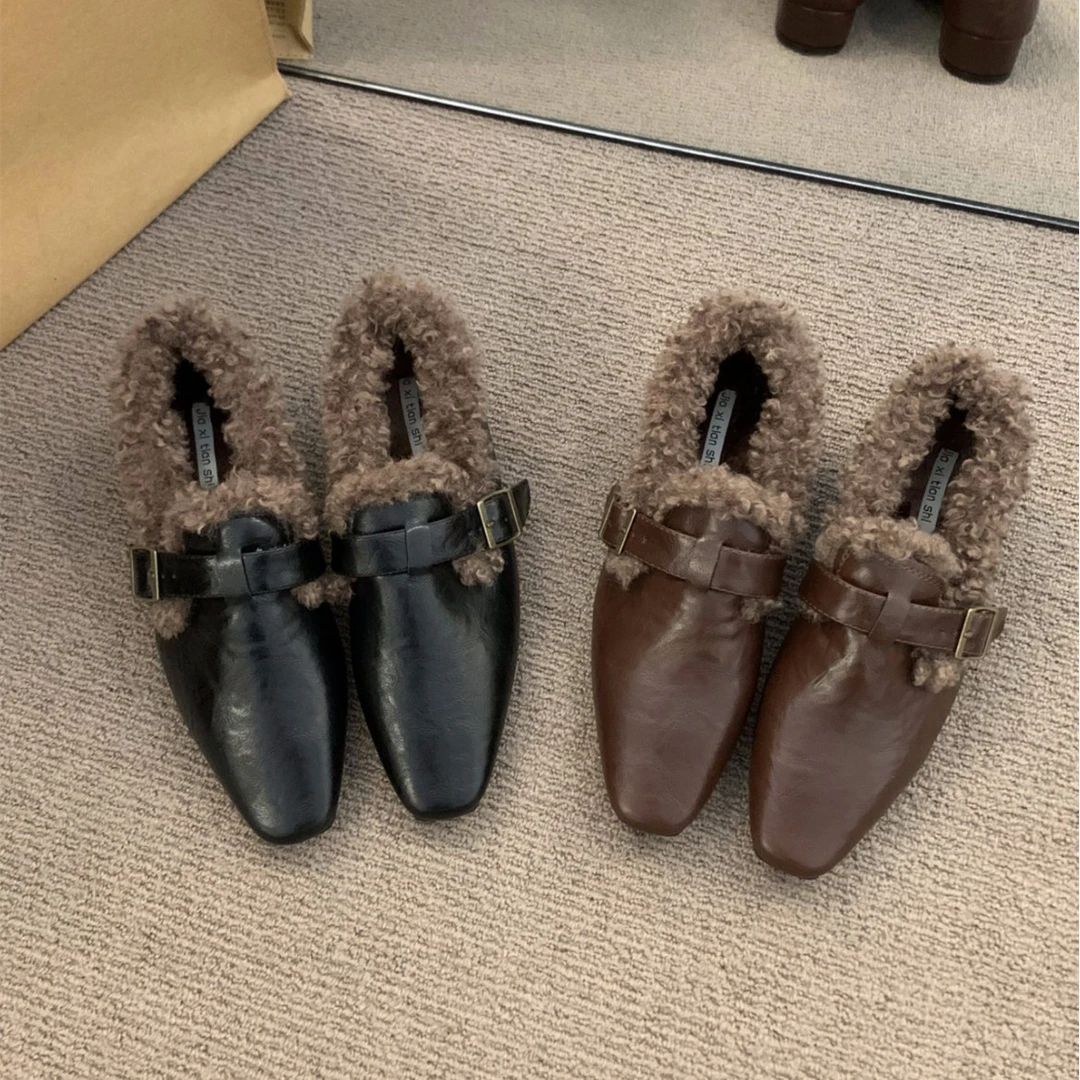 粗跟复古乐福单鞋女鞋子新款秋冬季加绒毛毛鞋小皮鞋保暖棉鞋