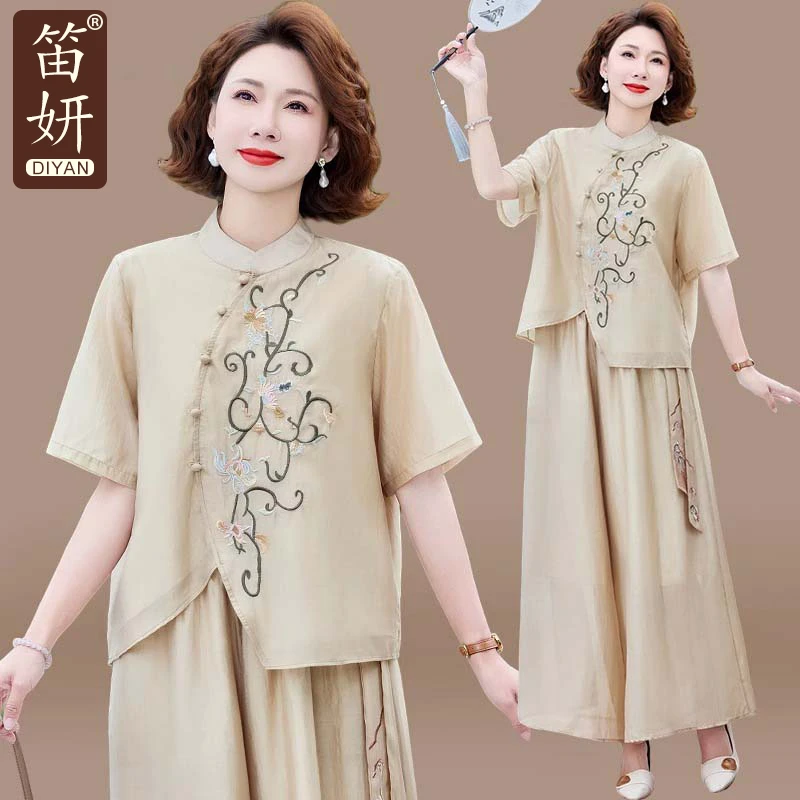 妈妈夏装套装洋气新中式2025新款中老年夏季短袖上衣裙裤两件套女