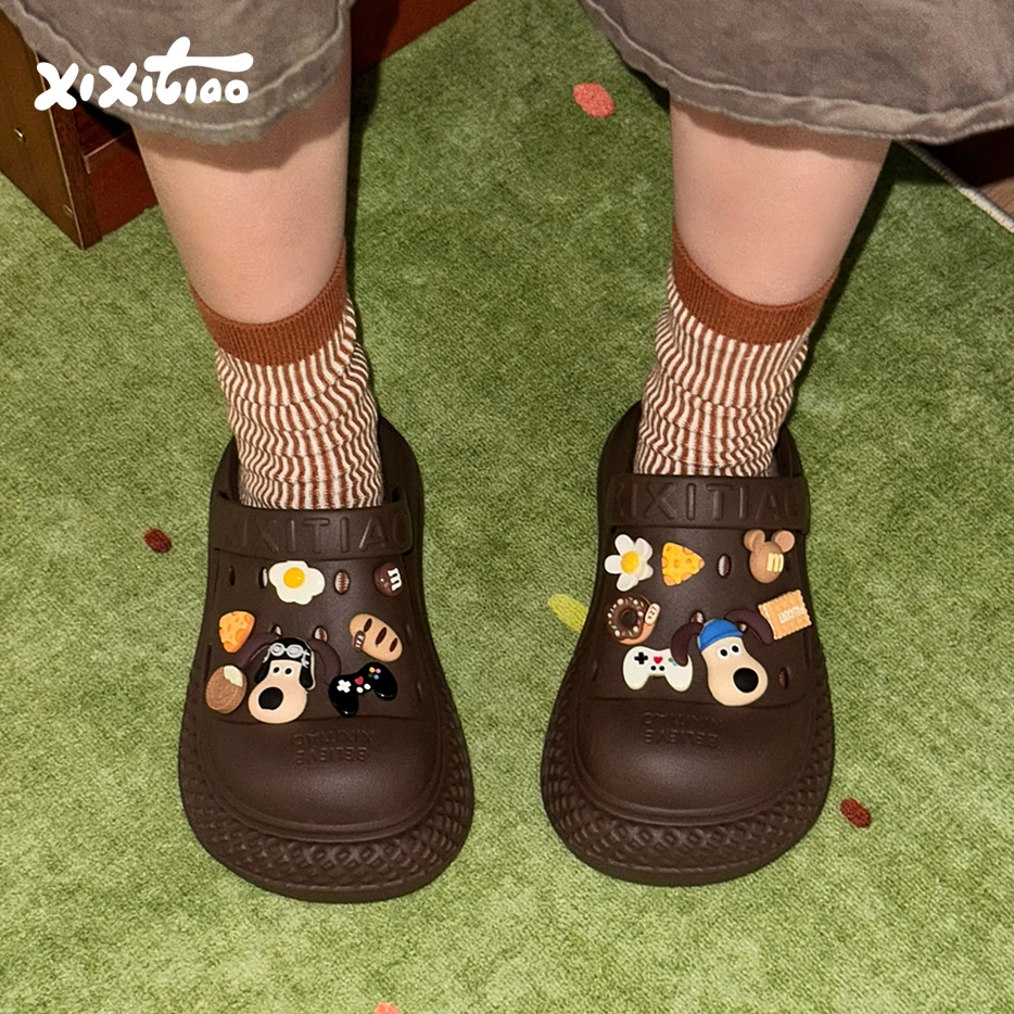 细细条 2025新款夏包头凉拖洞洞鞋趣味狗狗沙滩鞋户外休闲防滑女