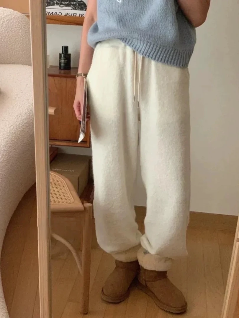 【薄荷漫波】即墨针织直筒裤保暖加厚加绒韩版松紧腰阔腿裤31033