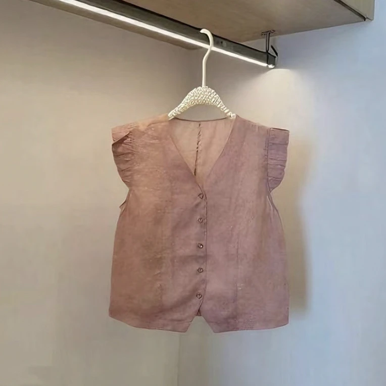 2025夏季新款简约气质V领坎肩袖提花小衫单排扣百搭休闲时尚上衣