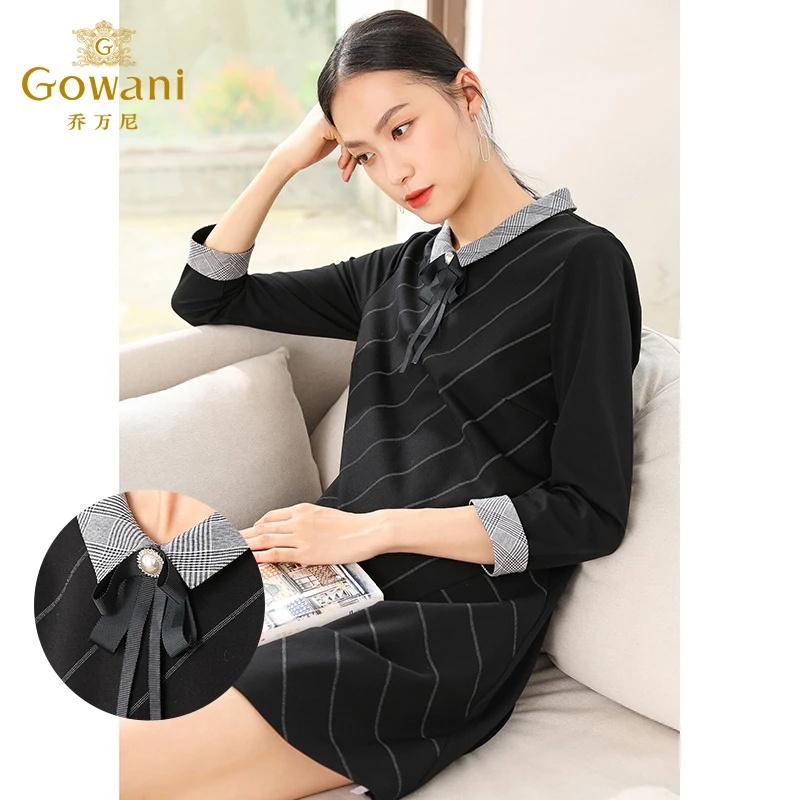 乔万尼商场春新款女装宽松直筒显瘦长袖连衣裙厚EN3E380