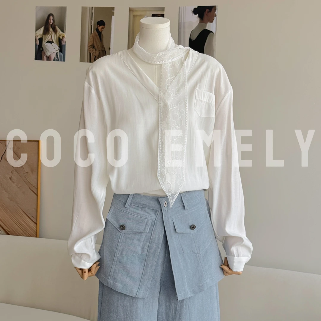 COCO EMELY25年春季新款时尚V领系带气质设计感衬衫CO07211390