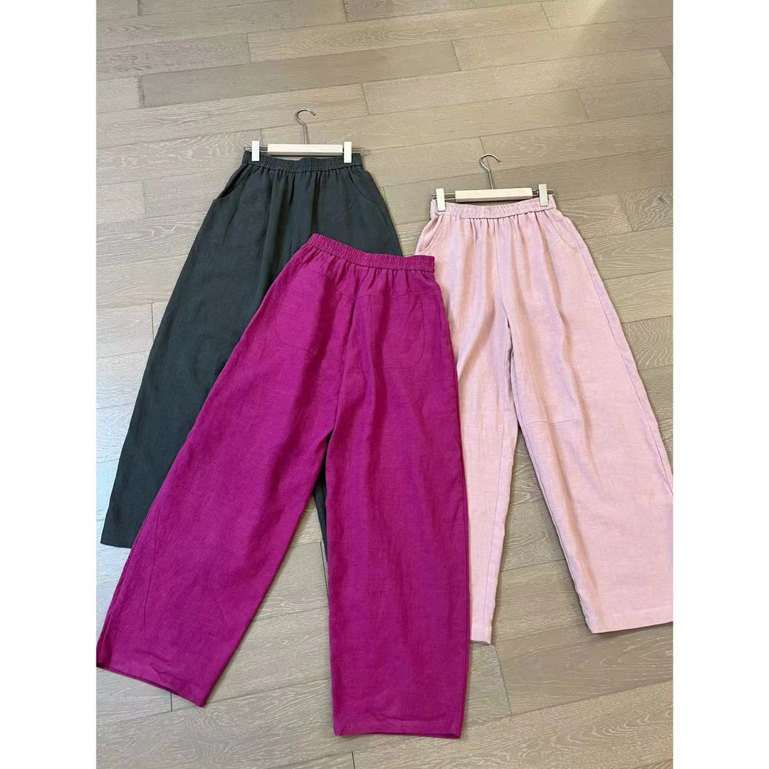 JOJO/玖了个玖 2024夏款 定制定染三色麻料显瘦休闲裤 2407B3030