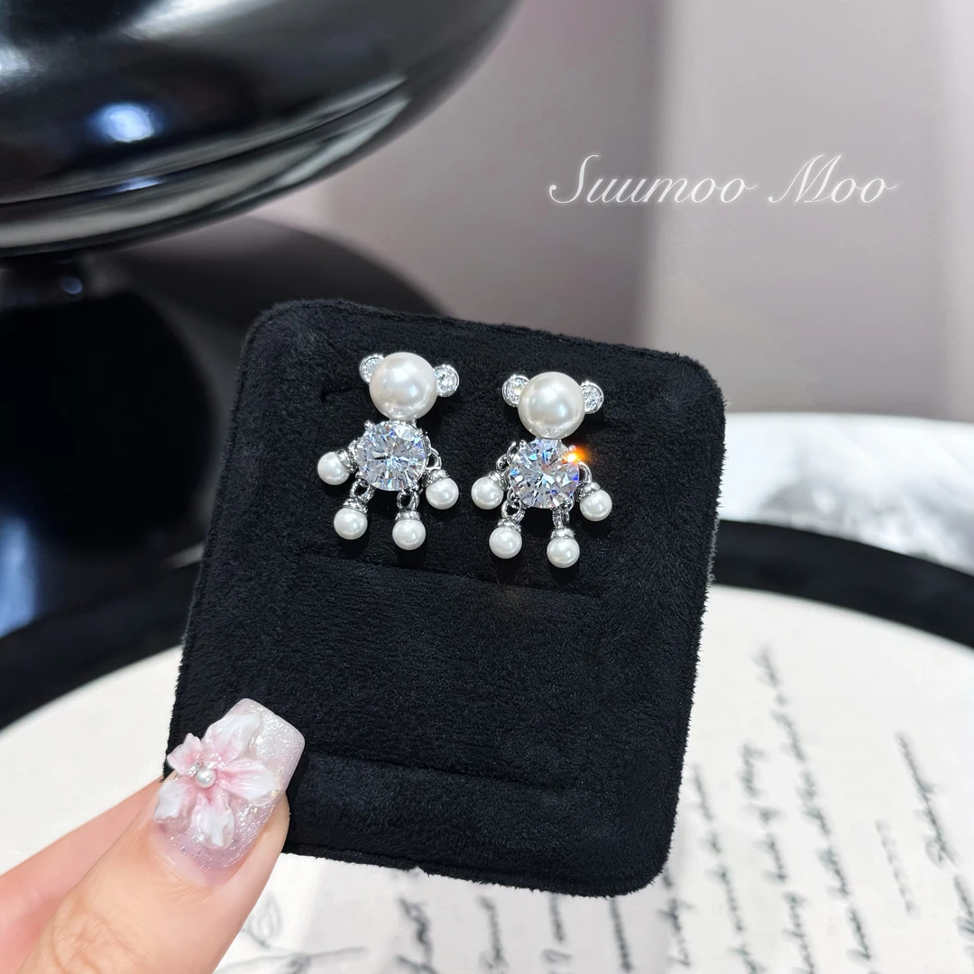 铜合金合成锆石耳饰 可爱甜美小熊动物耳环女ins耳环镶钻素款