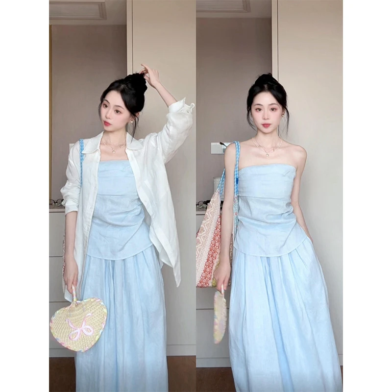 parkyeon夏季新款法式防晒衬衫外套抹胸背心上衣高腰半身裙套装女