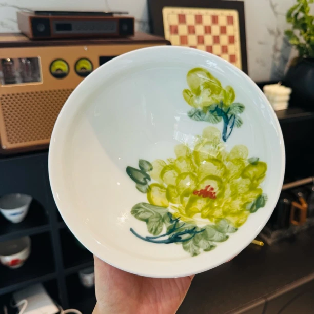 【大斗笠】绿牡丹·高温手工手绘 0809