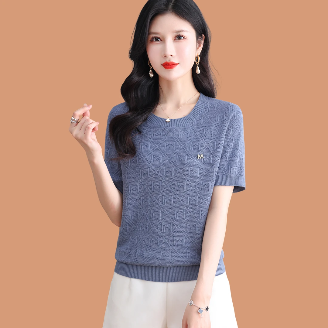 冰丝针织短袖女t2025新款洋气妈妈夏装薄天丝桑蚕丝t恤上衣配裙子
