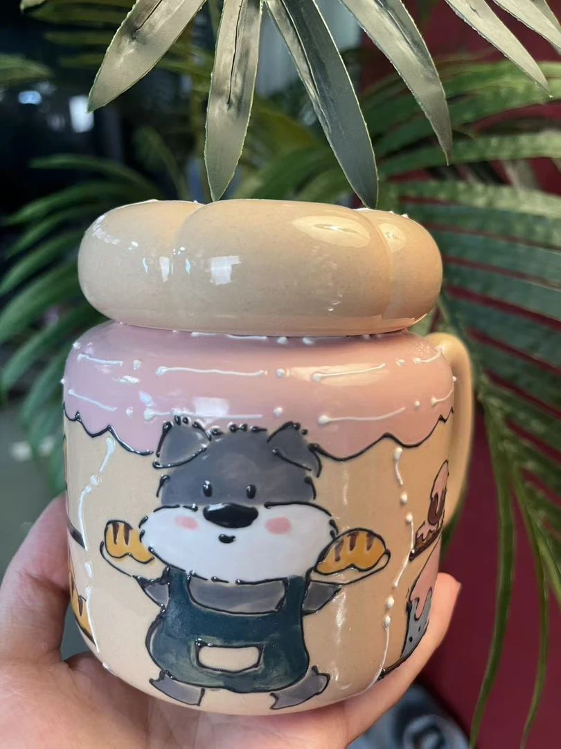 咖啡杯雪纳瑞小狗带盖把手杯