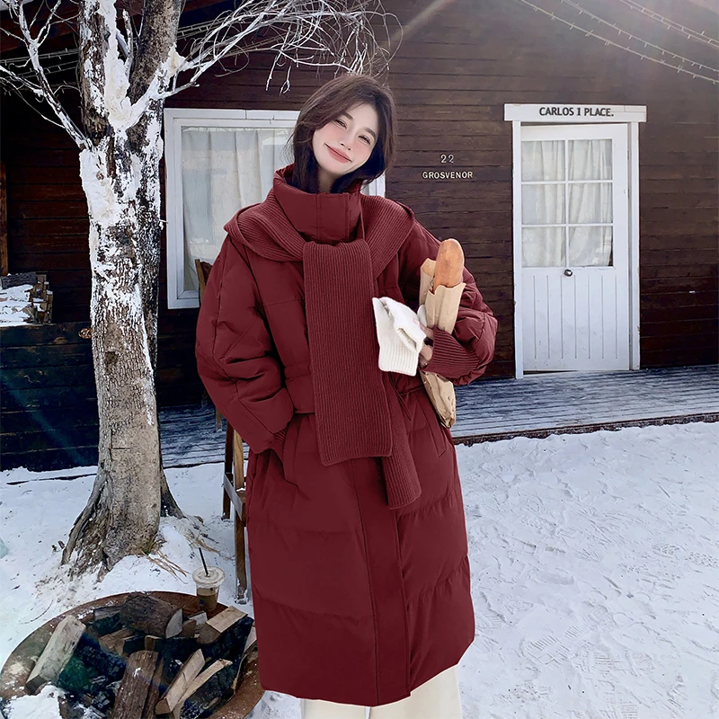 红色针织披肩羽绒服女2025冬季新款今年流行收腰显瘦小个子面包服