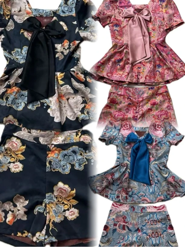 1935美背蝴蝶结半袖加短裤两件套洋气显瘦遮肚套装