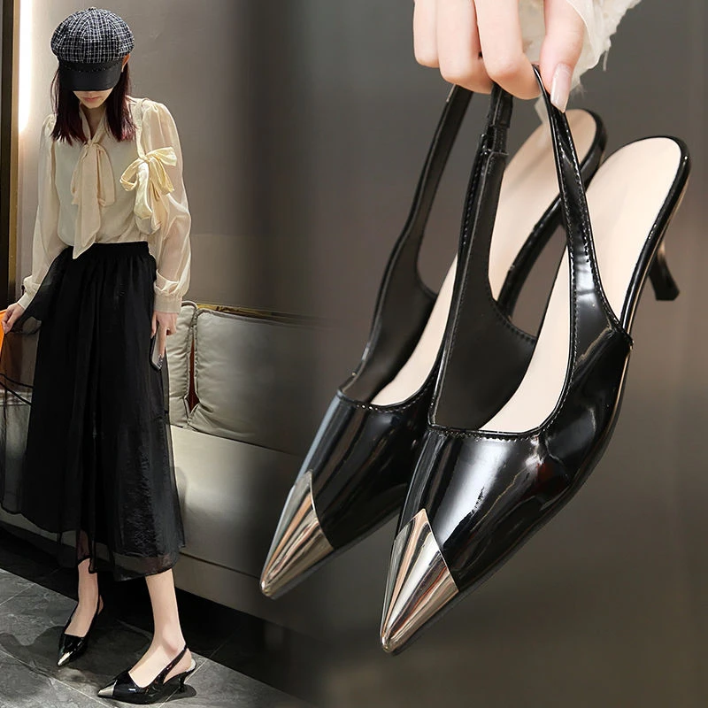 羊皮凉鞋凉拖鞋粗跟鱼嘴女款新款高跟鞋2025年黑色中跟脚单鞋女