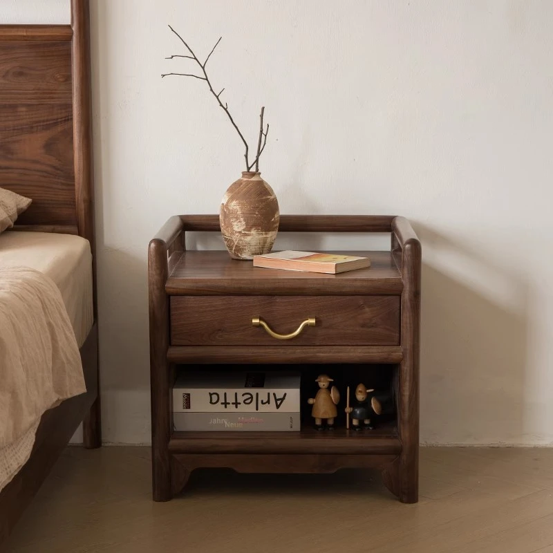 新中式侘寂风黑胡桃全实木床头柜北欧日式樱桃木红橡木卧室储物柜