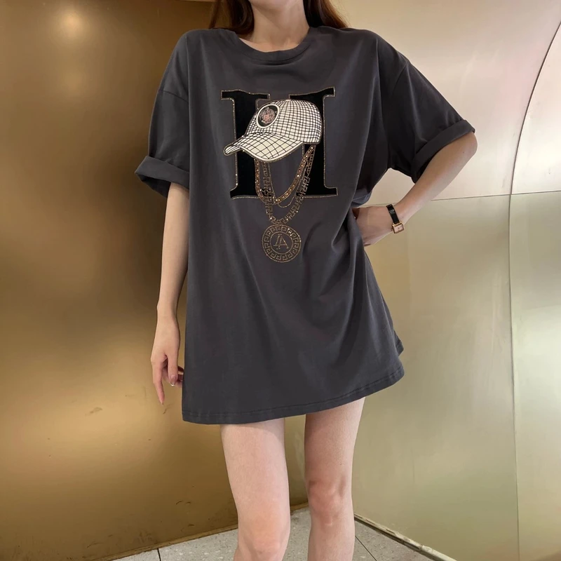 港风大版宽松灰色短袖t恤女气质慵懒时尚显瘦网红纯棉上衣小众潮