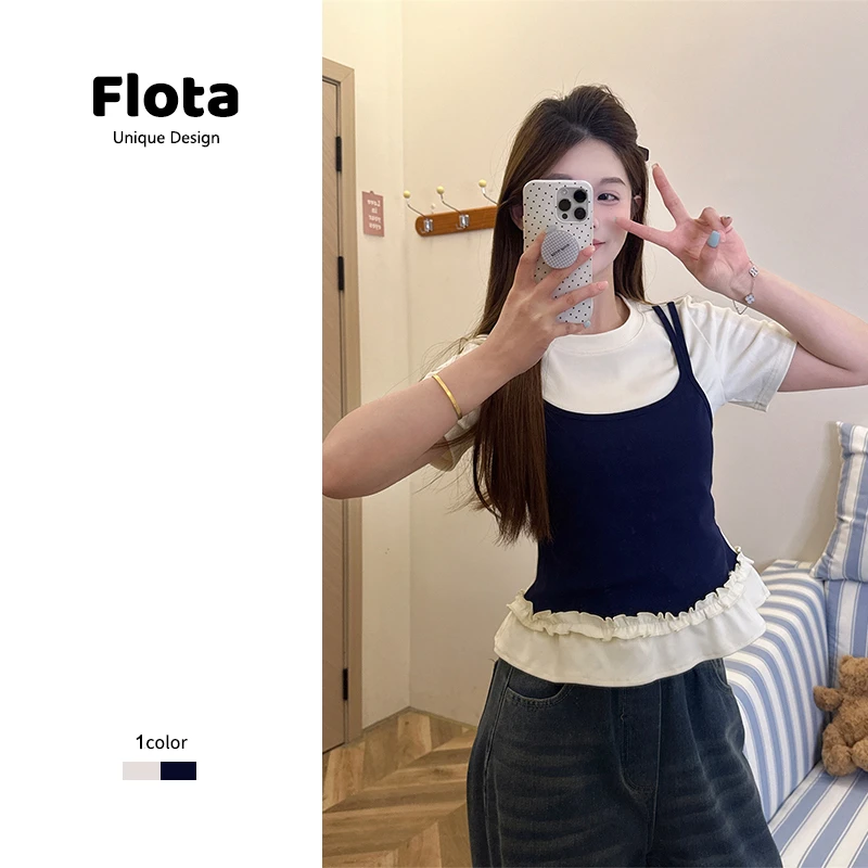 【flota】韩系撞色荷叶边拼接假两件短袖女夏季设计感显瘦上衣1578