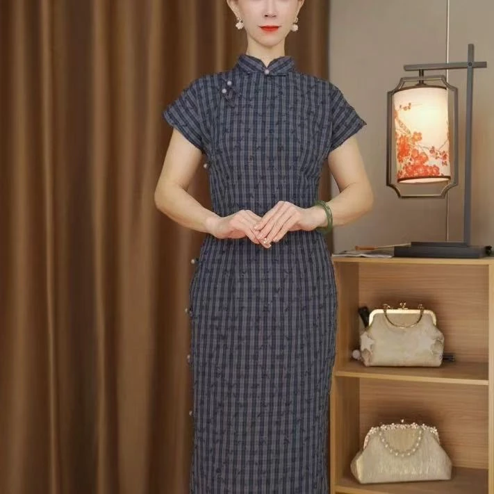 全开襟格子旗袍蓝色复古民国风文艺气质修身绝美日常改良年轻款