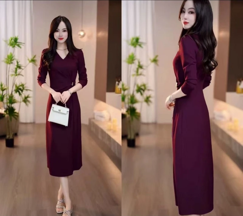 2025秋季新款樱桃红色V领收腰系带优雅时尚气质显瘦连衣裙M-4XL