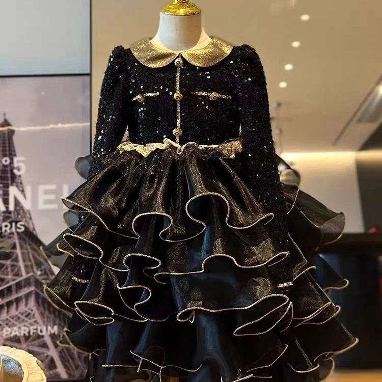 女童春秋冬新款黑色长袖女千金风公主裙秋季黑色长袖洋气连衣裙