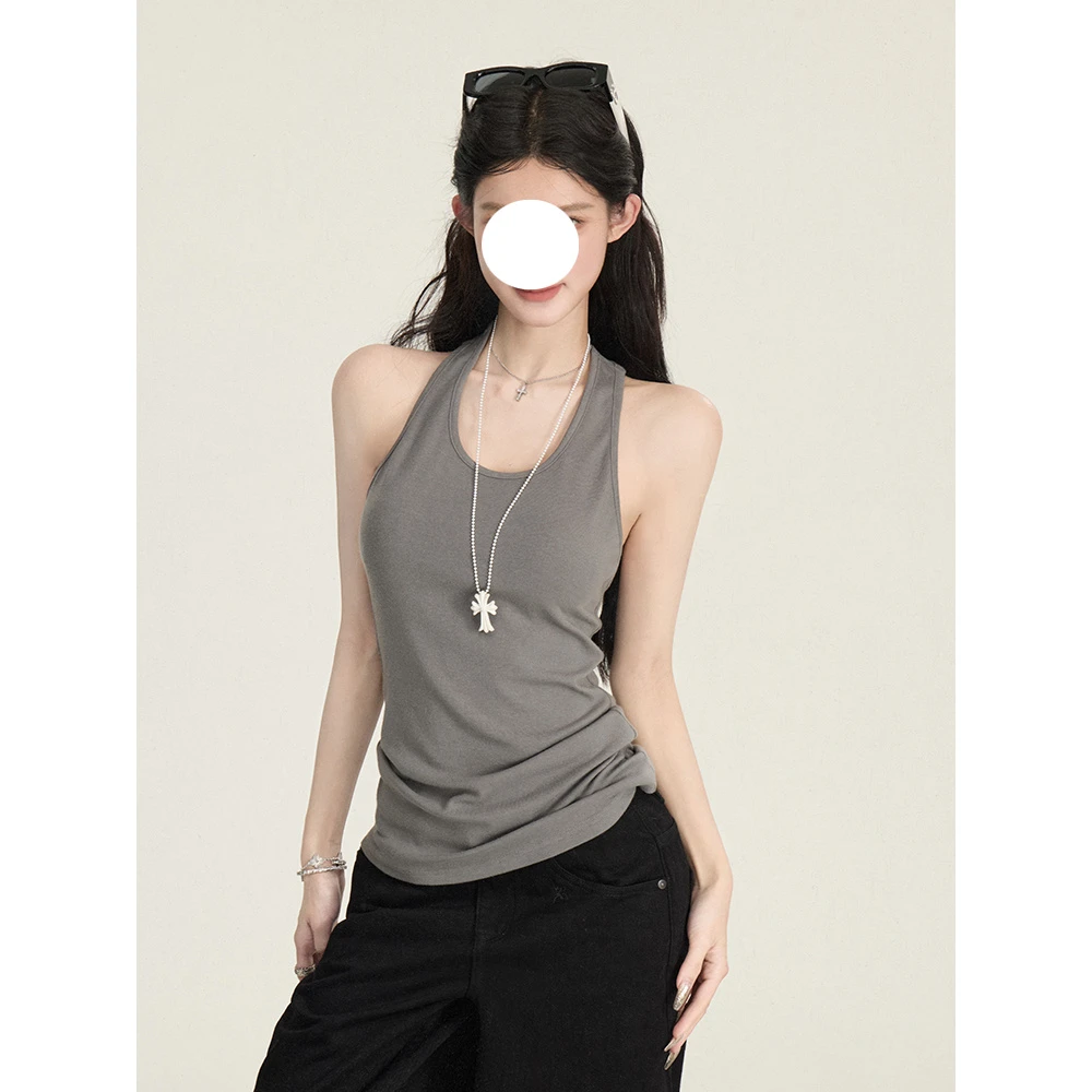 设计感后背扭花吊带背心女夏季新款韩系薄款灰色无袖小众美背上衣