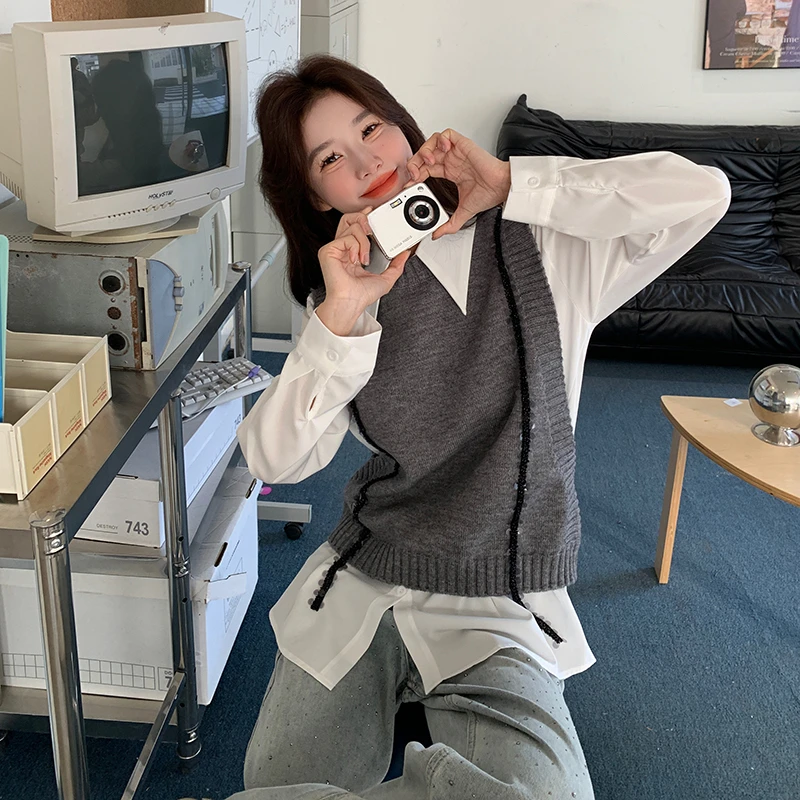 时尚套装灰色小香风针织马甲套装女春季小个子气质减龄衬衫两件套