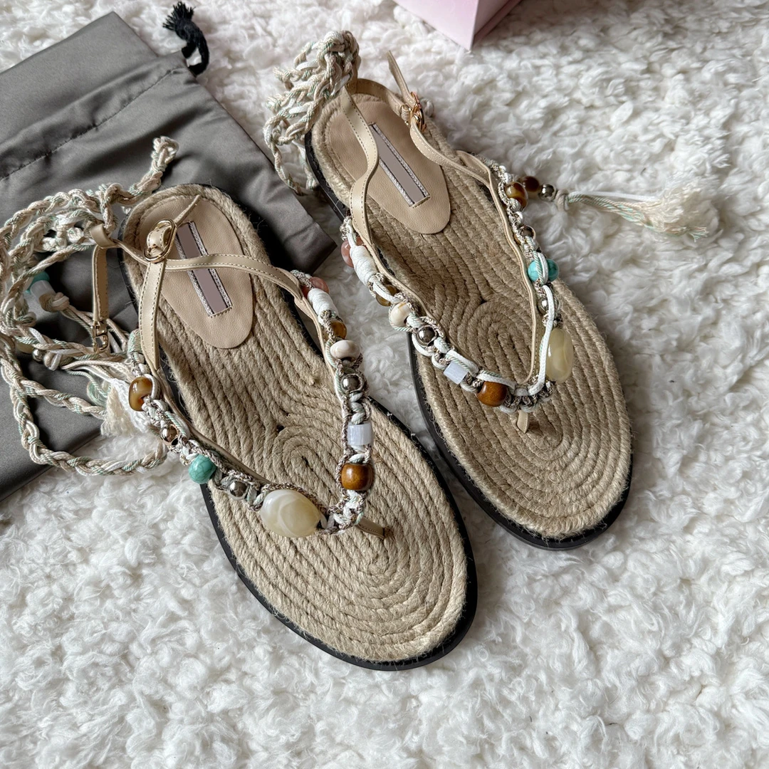 超火版~复古编织串珠夹趾交叉绑带凉鞋女外穿平底波西米亚罗马鞋