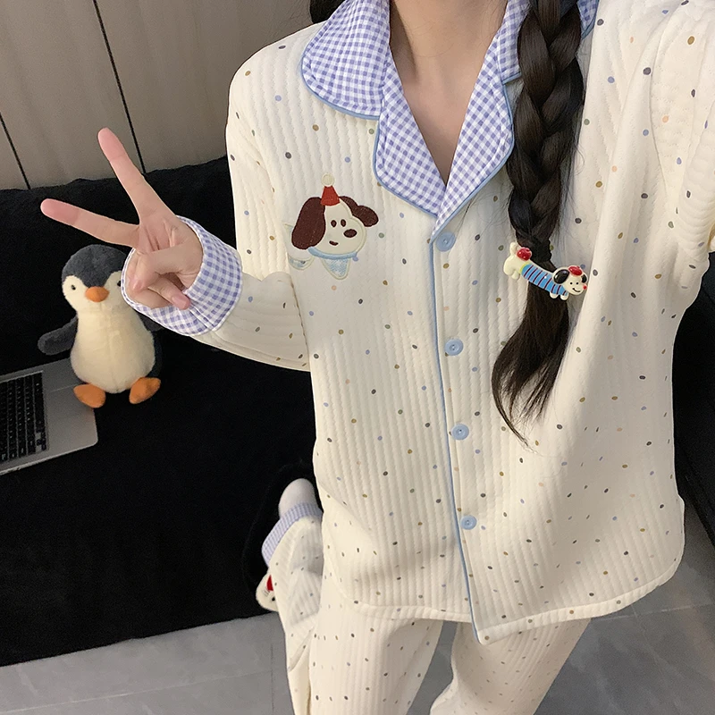 韩版波点刺绣可爱小狗空气棉睡衣女款秋冬季加厚夹层保暖家居服