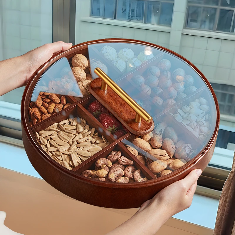 九宫格干果盒胡桃木色坚果盘客厅家用高级感瓜子木零食收纳糖果盒