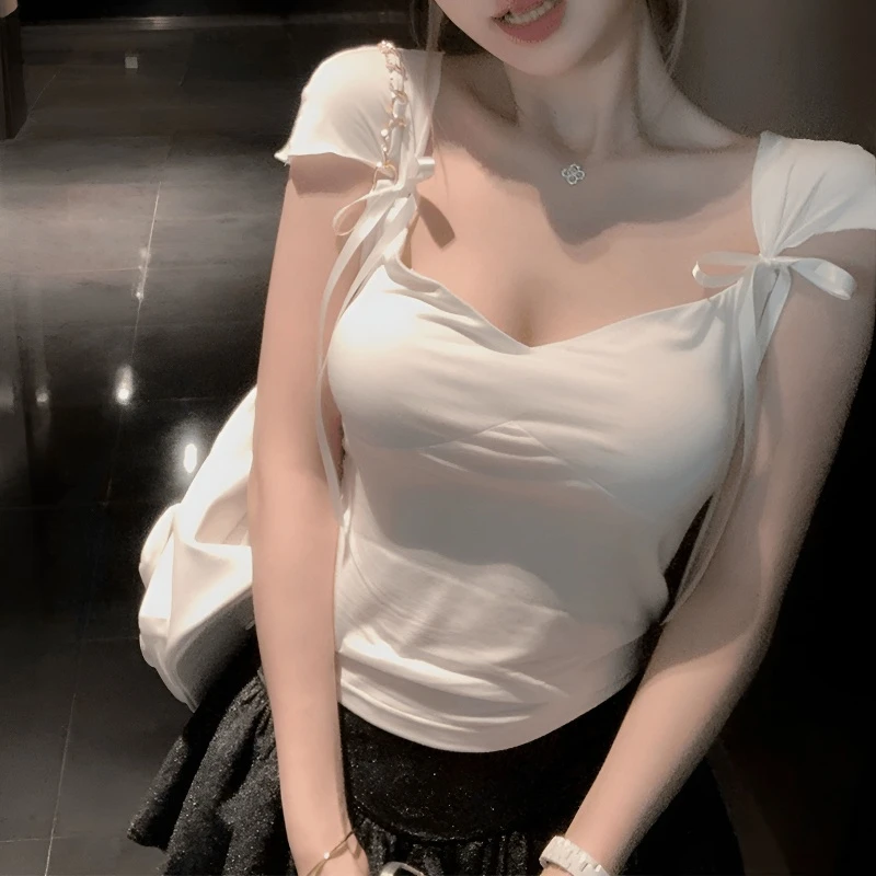 梦优莱辣妹蝴蝶结纯欲短袖T恤女夏季新款时尚气质百搭显瘦上衣