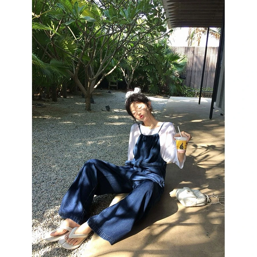 日系爆款牛仔背带裤女春秋潮流新款高腰显瘦宽松阔腿连体直筒长裤
