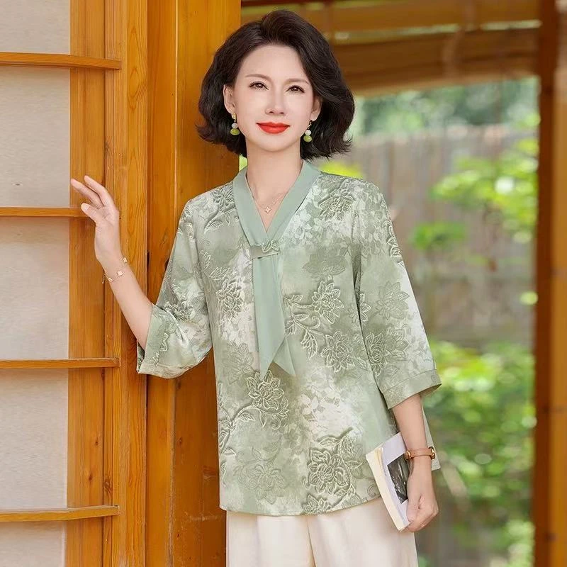 薄款九分裤显瘦茶服V领中式汉服宽松型盘扣中老年女装文艺