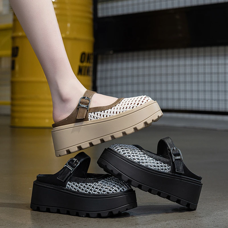 办公室通勤咖色半拖法式厚底女拖鞋配裙子外穿女款休闲包头女鞋