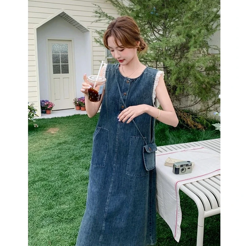港风复古圆领无袖牛仔背心裙女2025新款夏季时髦炸街小个子连衣裙