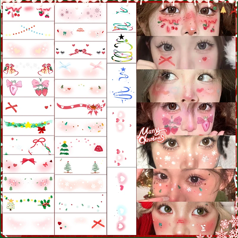 圣诞节妆容脸贴彩色纹身贴纸甜心少女仿真蝴蝶结雪花防水COS拍照