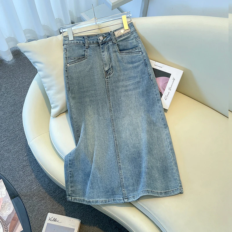 浅蓝色牛仔半身裙女夏季2025新款高腰显瘦包臀裙中长款a字直筒裙