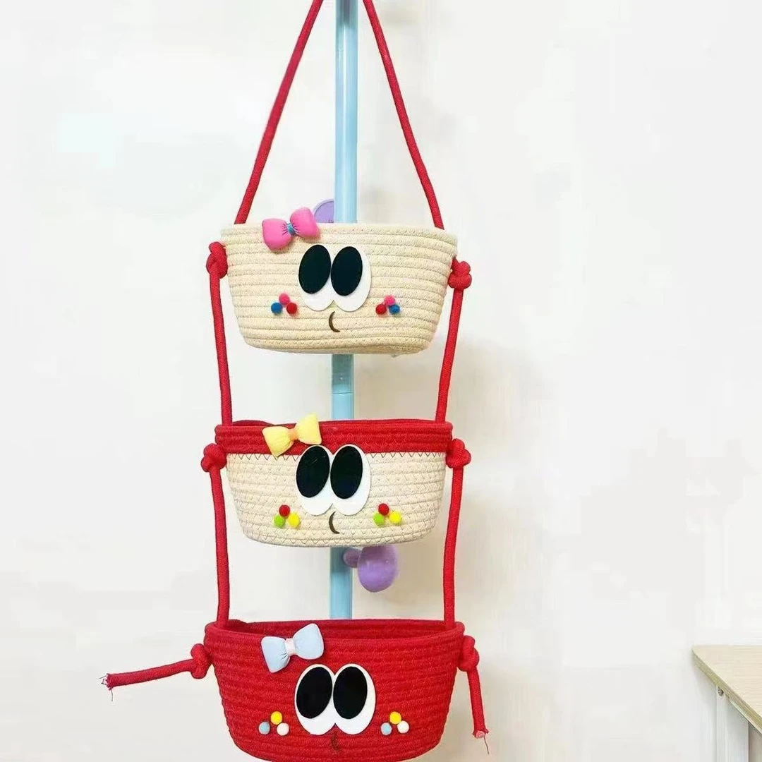 现货棉绳编织收纳筐装饰卡通三丽欧三层挂篮化妆品杂物收纳篮shw