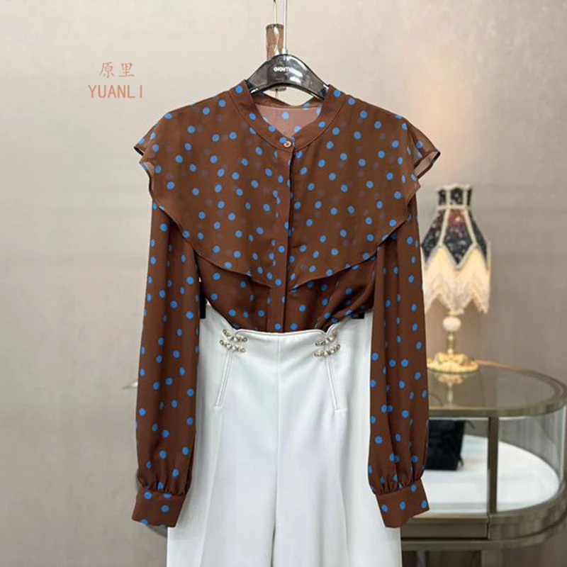 （圆舞曲）韩范时尚长袖波点圆领女衬衫气质显瘦减龄花边女衬衣