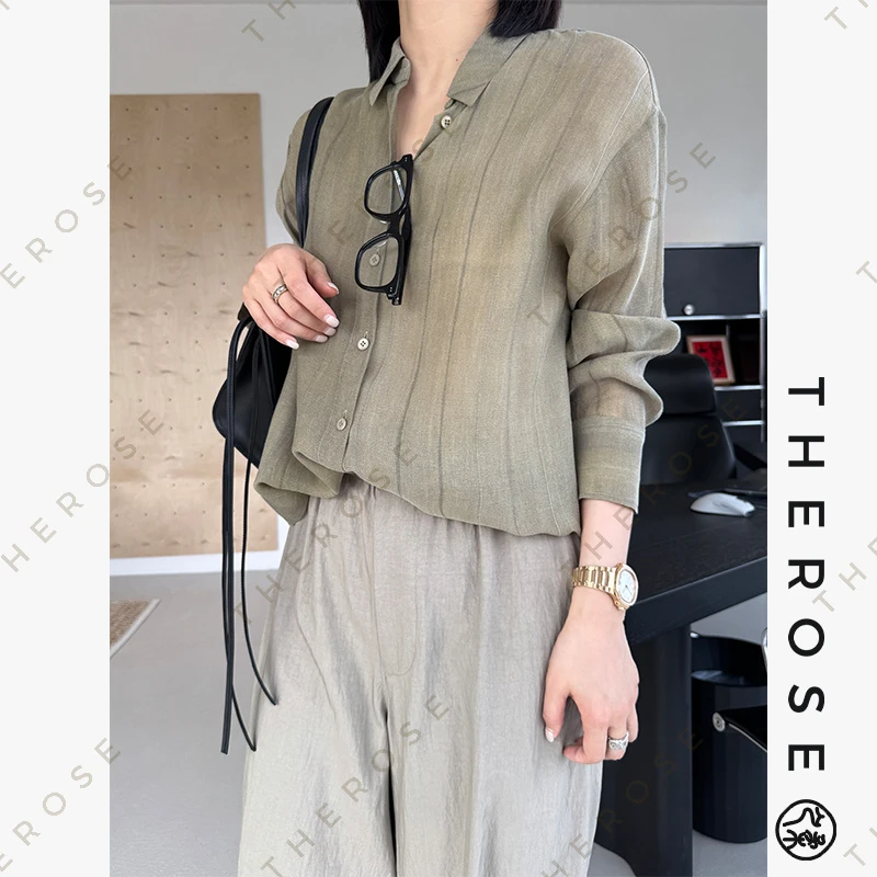 之柔【信条】时尚气质手工扎染条纹薄纱微皱衬衫松弛长袖透气上衣女