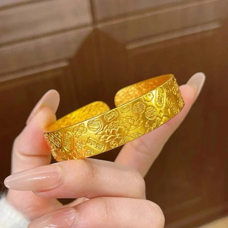 金店同款古法錾刻宽面吉言八宝手镯莲花开口镯子复古送女友礼