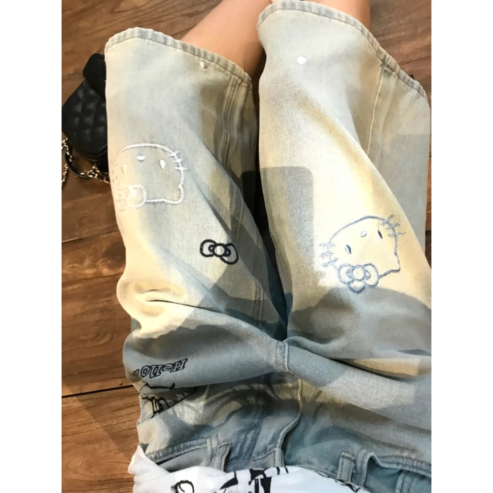 美式复古kitty头刺绣七分牛仔裤女2025夏季新款宽松设计感直筒裤